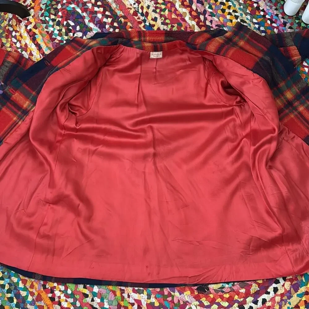 Vintage 60s Mary Redston Original Orange & Navy Preppy Plaid Button Up Pea Coat